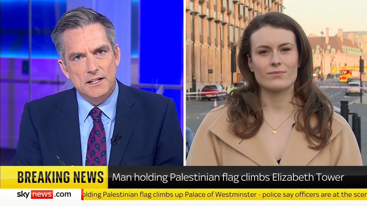 Emergency services remain at the Palace of Westminster, where a man has scaled the tower which houses Big Ben holding a Palestinian flag in an apparent act of protest. Sky's Amelia Harper has the latest. Read more: 📺 Sky 501, Virgin 602 and YouTube