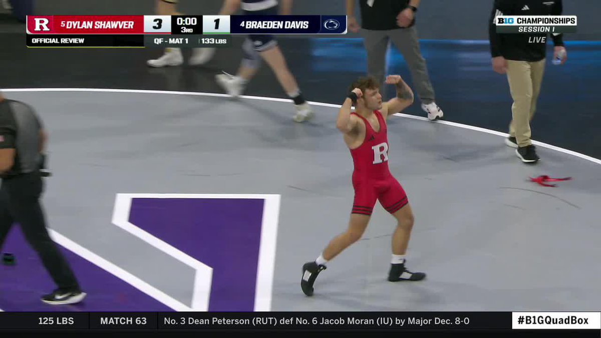 Dylan Shawver takes down Braeden Davis at 133 🚨 After official review the takedown was confirmed and he is headed to the B1G Championship Semifinals for Rutgers Wrestling 🙌 #B1GWrestling on Big Ten Network 📺