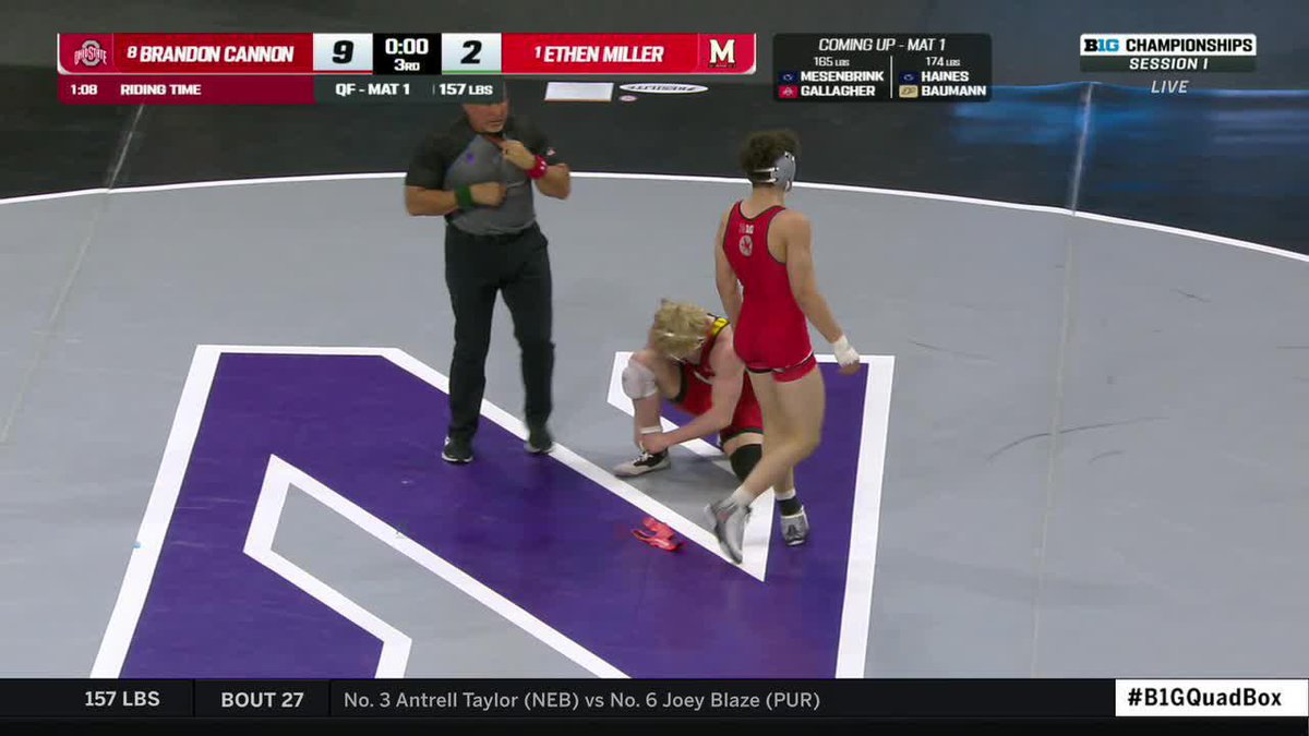 UPSET AT 157 ‼️ Ohio State Wrestling' Brandon Cannon is headed to the B1G Championship semis after defeating No. 1 seed Ethen Miller 👀 #B1GWrestling on Big Ten Network 📺