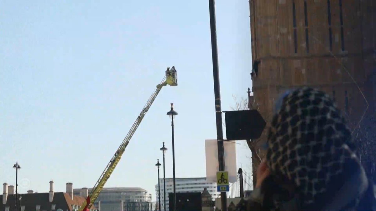 Crowds cheered on a man in London on Saturday after he climbed the tower where Big Ben is housed holding a Palestinian flag. Authorities attempted to talk him down, but so far, he’s still there.