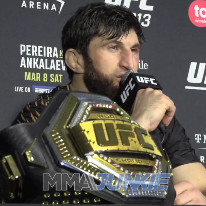 Magomed Ankalaev roasts Alex Pereira after #UFC313 and offers a rematch. "He was running for 20 minutes. ... I'm happy for a rematch. Maybe in a rematch he can fight for real."
