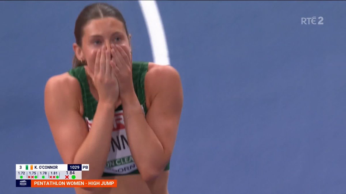 Amazing reaction here from Kate O'Connor after she PB's in the high jump. She's right in the mix for a medal in the pentathlon.
