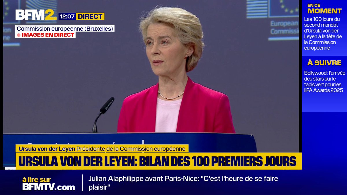 💬"Nos valeurs européennes, la démocratie, la liberté, l'état de droit : ces valeurs sont menacées" Ursula von der Leyen, présidente de la Commission européenne, lors de sa conférence de presse de ses 100 premiers jours pour son deuxième mandat à la tête de l'institution