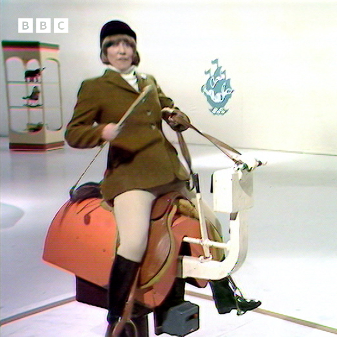 #OnThisDay 1975: Running out of stable space? Fear not - Blue Peter has the answer. It might weigh half a tonne, but at least it doesn't need any grooming and, as Lesley Judd demonstrates, it can go like the clappers.