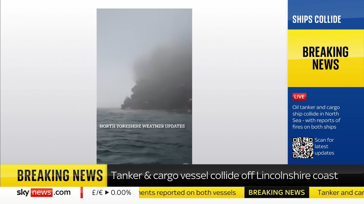 BREAKING: First footage from the scene of the tanker and cargo vessel colliding in the North Sea appears to show billowing smoke and fire in the aftermath of the incident Live updates ➡️ 📺 Sky 501, Virgin 602, Freeview 233 and YouTube