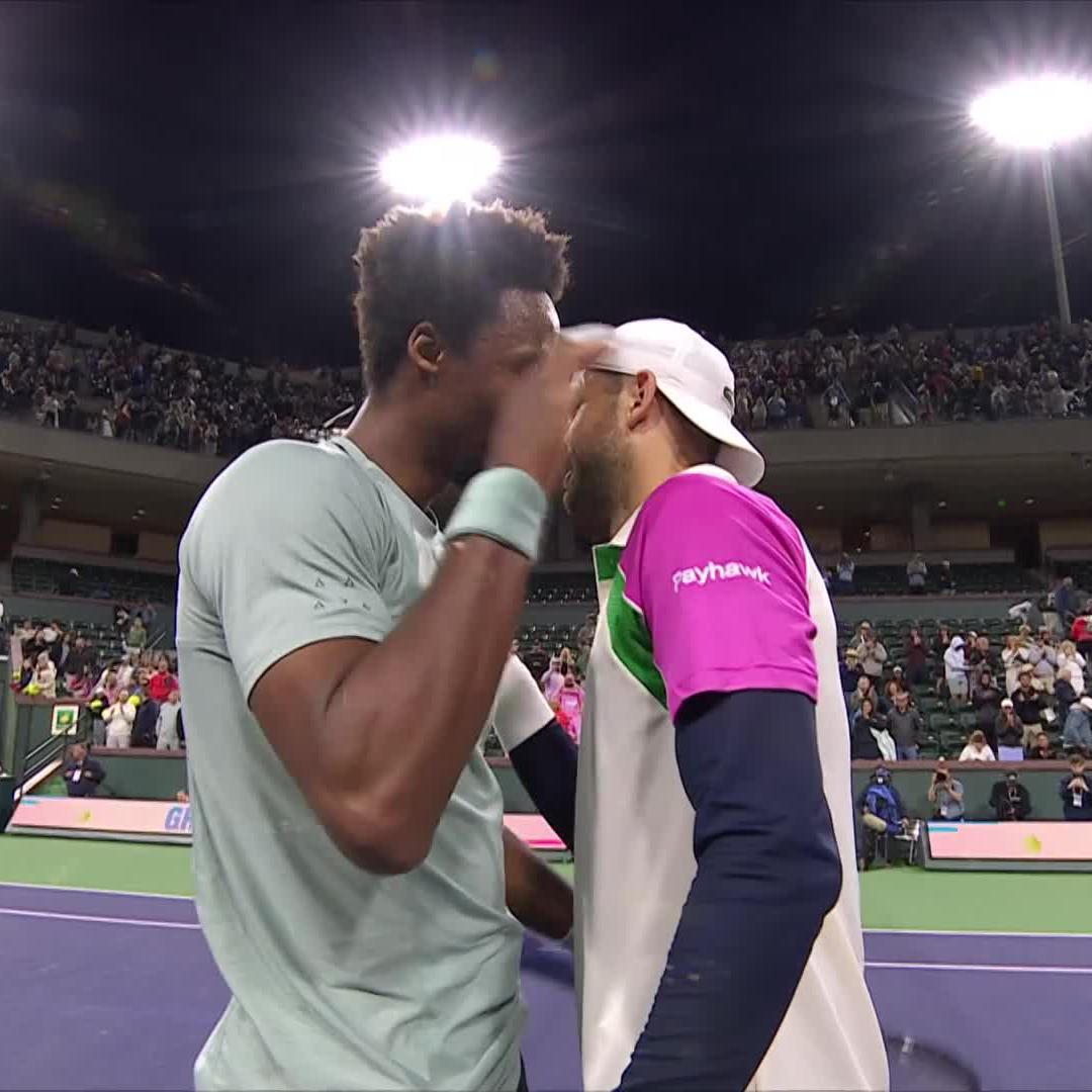 Competitors 🤝 Friends Grigor Dimitrov and Gael Monfils share a warm embrace after 3 hours of high level tennis 😀 #TennisParadise