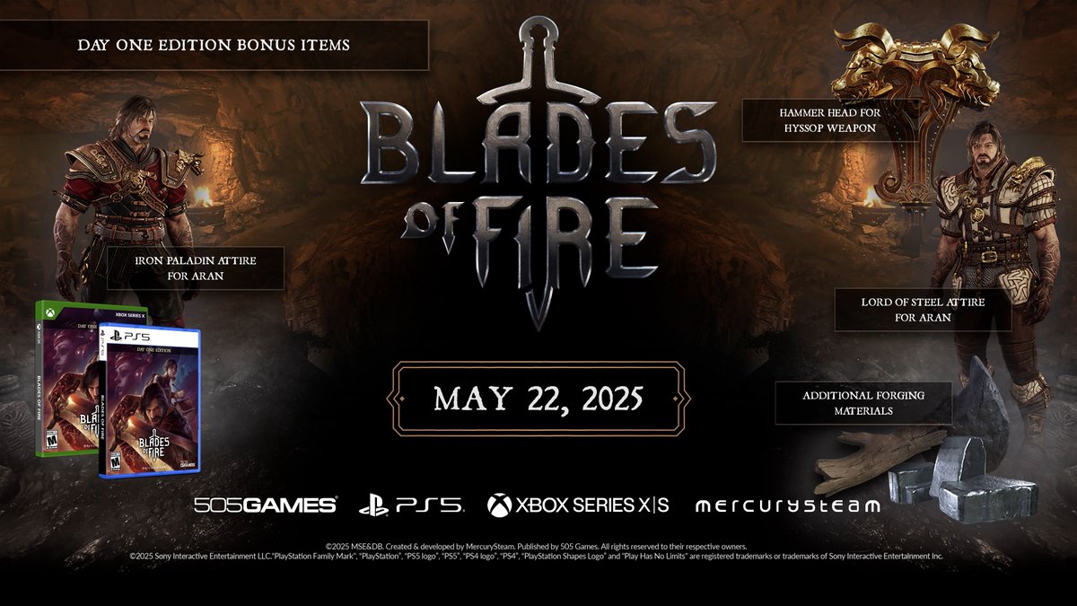 💿 Blades of Fire is going physical! 💿 Coming to PlayStation 5 and Xbox Series X|S, the physical edition of #BladesofFire will launch on May 22nd, 2025, the same day as our digital release. For more info, check your local retailer. Get ready to #ForgeYourLegend! ⚔️🔥
