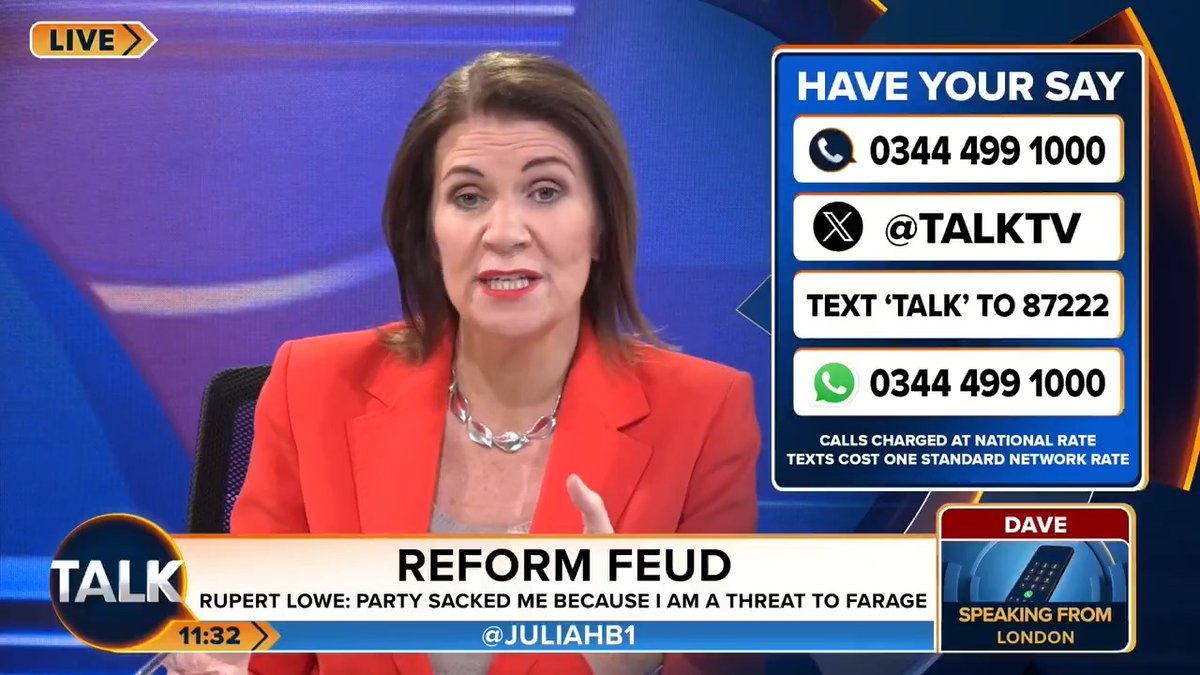 Caller Dave in London says he is “done” with Reform UK “unless Nigel Farage, Zia Yusuf, or both go”. “Reform UK voters are starting to realise that Nigel is putting himself above everything else.” Julia Hartley-Brewer