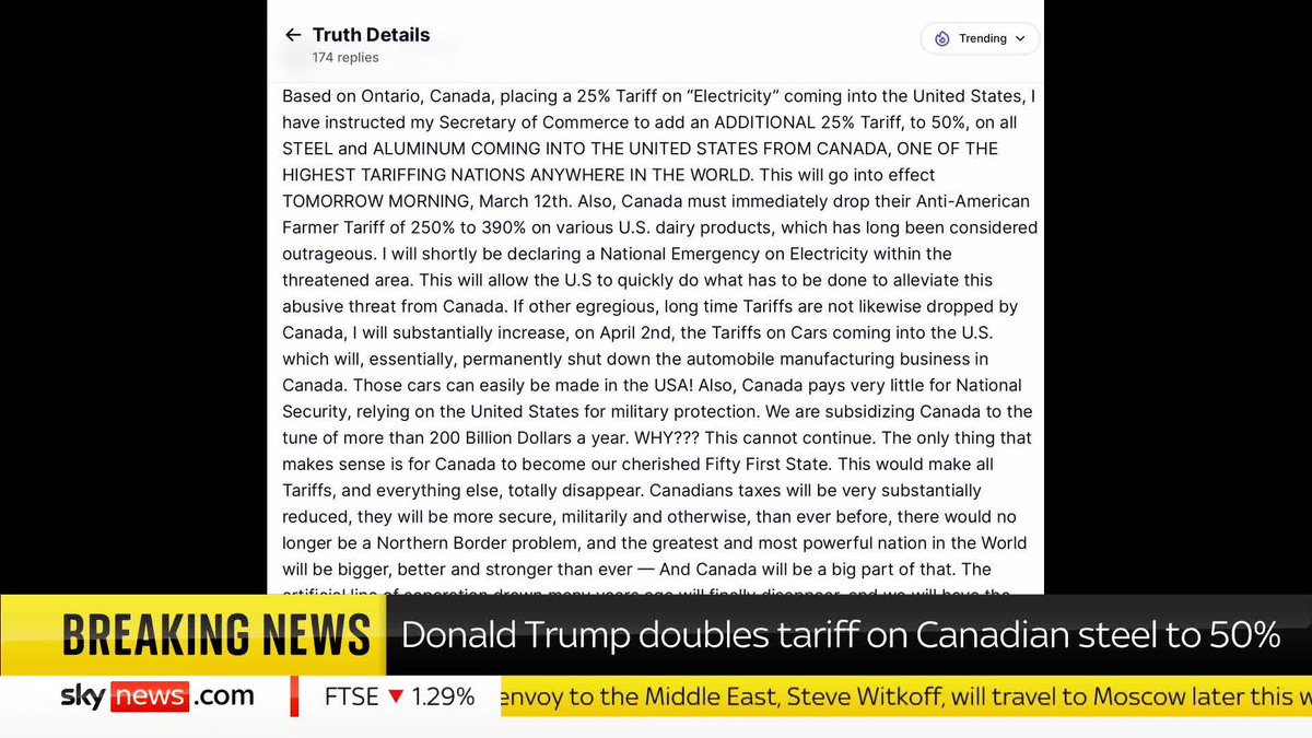 BREAKING: President Donald Trump has doubled his planned tariff on all steel and aluminium products coming into the US from Canada. Diana Magnay has all the details. 📺 Sky 501, Virgin 602, Freeview 233 and YouTube