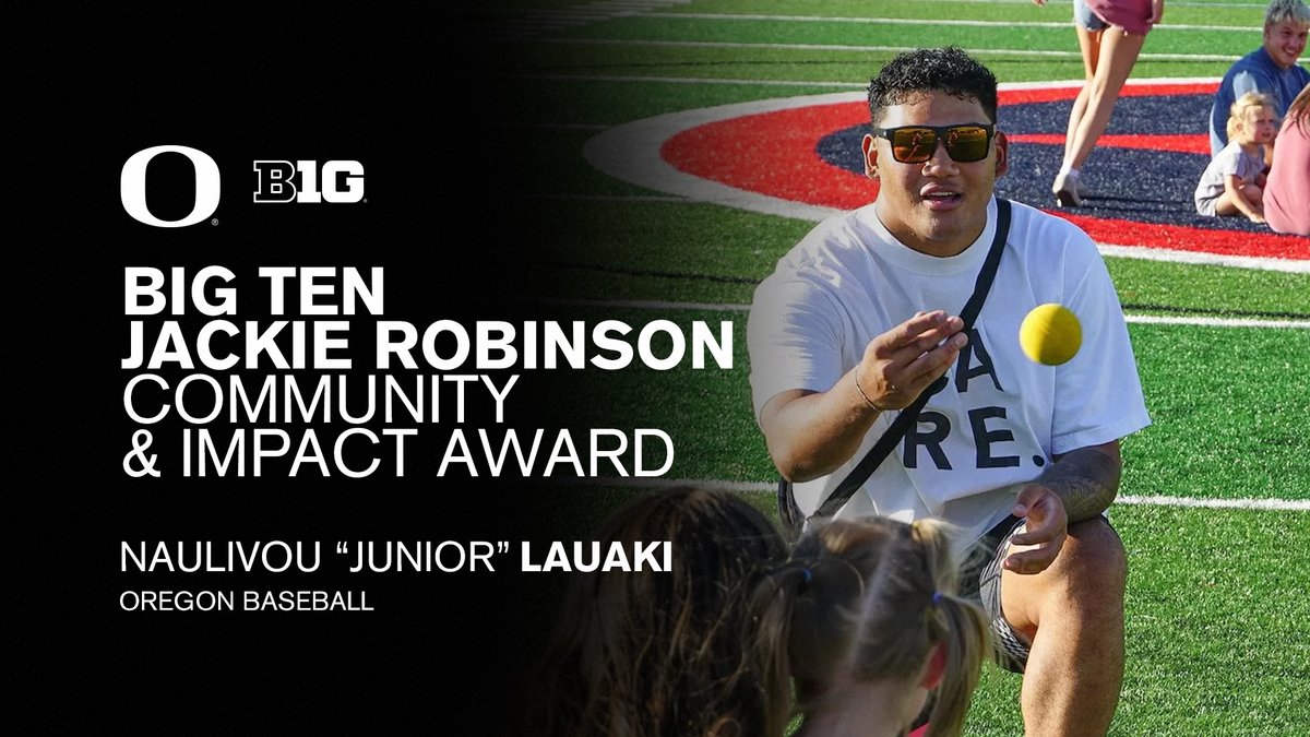 It's cool to care. Oregon Duck Baseball's Naulivou "Junior" Lauaki is our male nominee for the @BigTen Jackie Robinson Community & Impact Award. Junior's ability to build meaningful relationships unifies the community around him. #GoDucks
