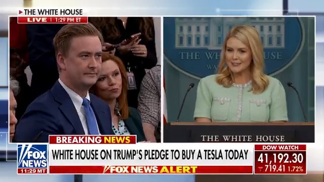 Karoline Leavitt confirms that President Trump will buy a Tesla from Elon Musk today – no discounts. | Peter Doocy