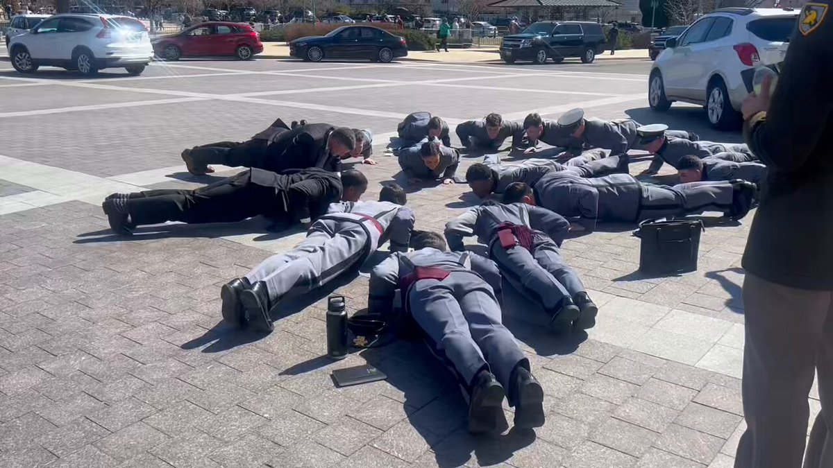 Some bipartisan fun during House votes: Pat Ryan and John James doing push ups with West Point cadets outside the Capitol