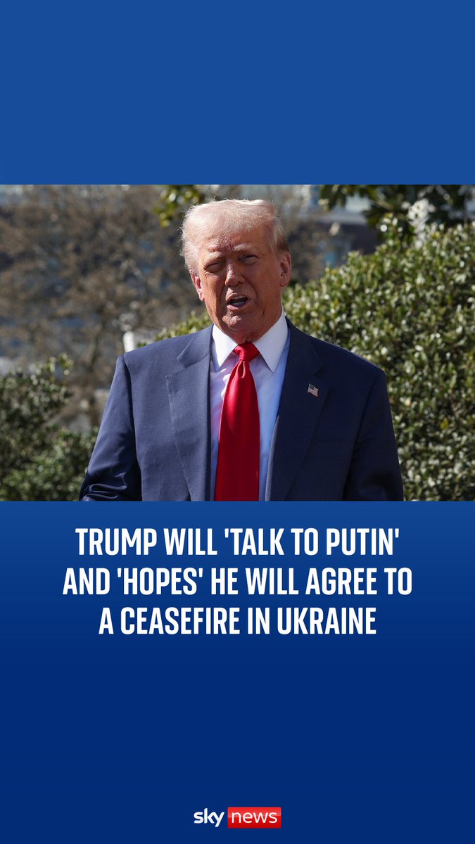 🗣️ ‘Hopefully Putin will agree to ceasefire.' Donald Trump says he thinks he will talk to Vladimir Putin this week, but warned "it takes two to tango", with regards to Russia agreeing to a ceasefire in Ukraine.