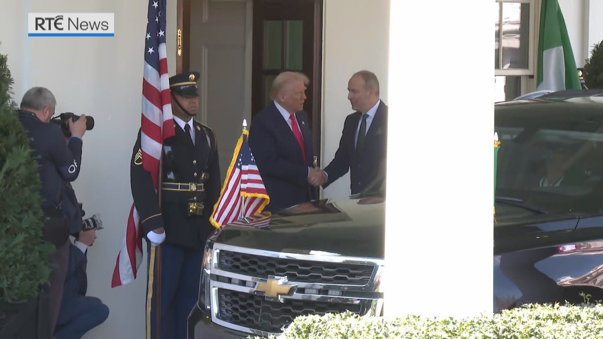 Taoiseach Micheál Martin is greeted by US President Donald Trump at the White House ahead of their meeting | Follow live: