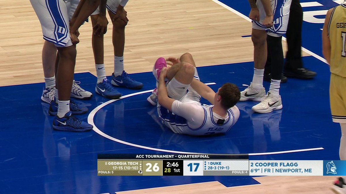 Cooper Flagg exited the game and was helped to the locker room after appearing to injure his left ankle in the first half against Georgia Tech.