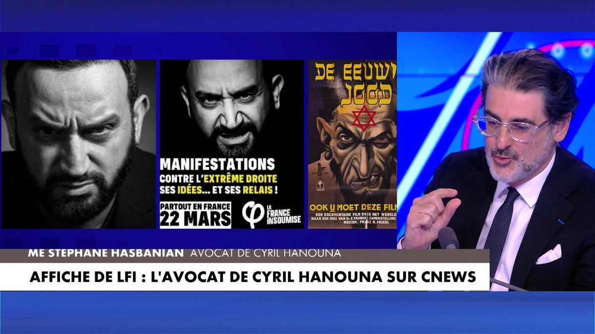 Maître Stéphane Hasbanian, avocat de Cyril Hanouna, était l’invité de 100% Politique ce jeudi 13 mars sur CNEWS. Il s’est exprimé au sujet de la caricature représentant Cyril Hanouna : «On a trafiqué la première image pour l'assimiler à la troisième»