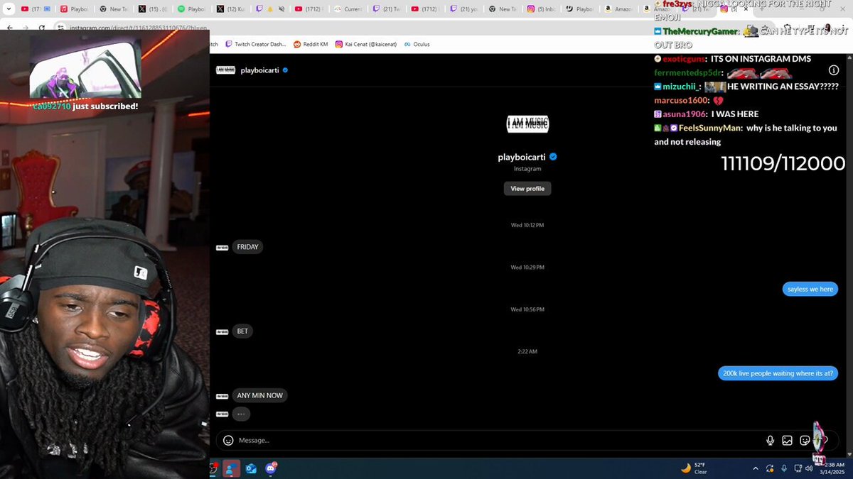 Kai Cenat started losing his mind after Playboi Carti just pump faked him in DMs in front of 300k viewers 😭😭