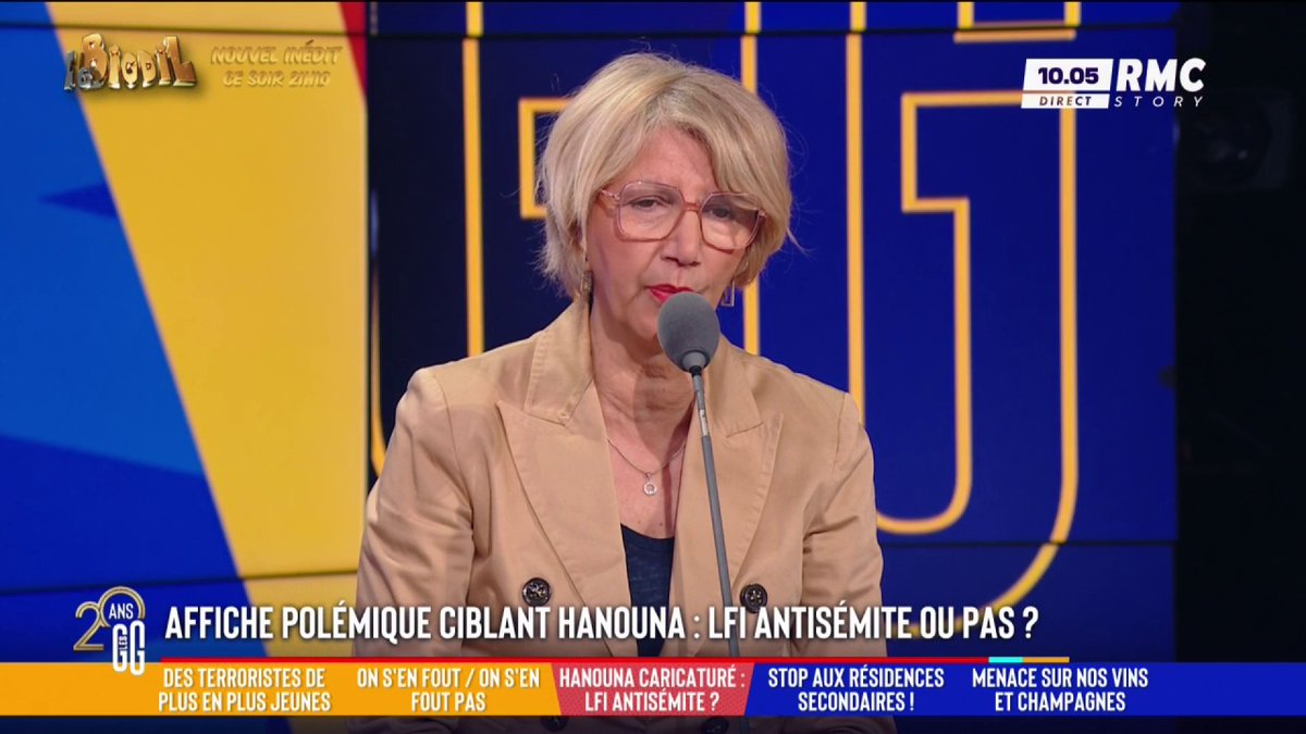 📇 Affiche polémique ciblant Hanouna : "LFI est antisémite" 🗣️ Zohra Rose Bitan 🌹🎗️SoutienFD0🦩 : "C'est une affiche d'un parti qui appelle à manifester contre l'extrême droite, avec tous les poncifs de l'extrême droite nazie." #GGRMC