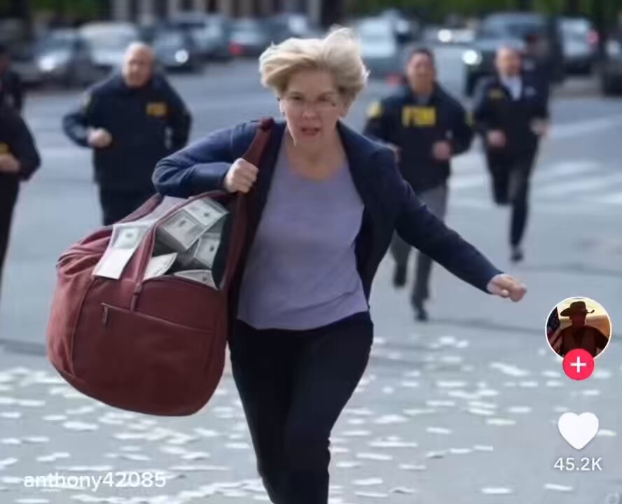 You know the American People have had enough when an ai video of Senator Elizabeth Warren running from the FBI with bags of cash gets over 45,000 Likes We are sick of politicians getting filthy rich insider trading, laundering our money to NGOs and selling us out