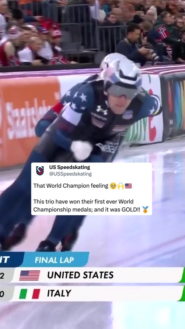 The United States strikes GOLD! 🥇 Casey Dawson, Emery Lehman and Ethan Cepuran win in the men's team pursuit in Hamar, Norway.