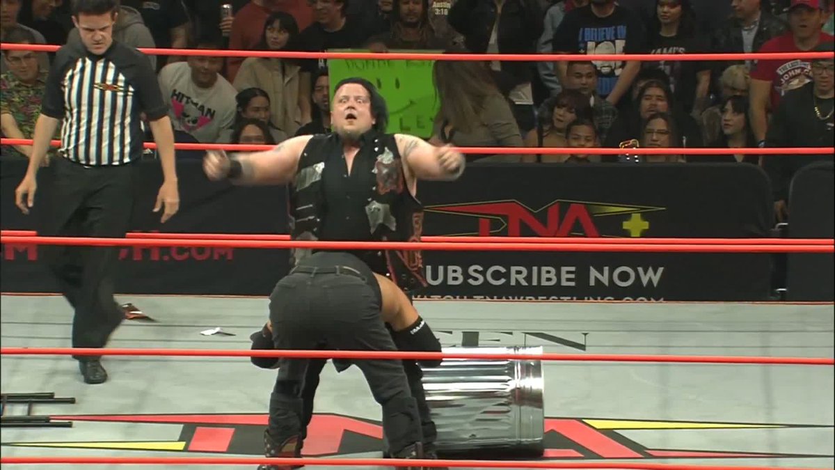 CHOKESLAM onto the trash can by Mance Warner. Watch #TNASacrifice on TNA+: