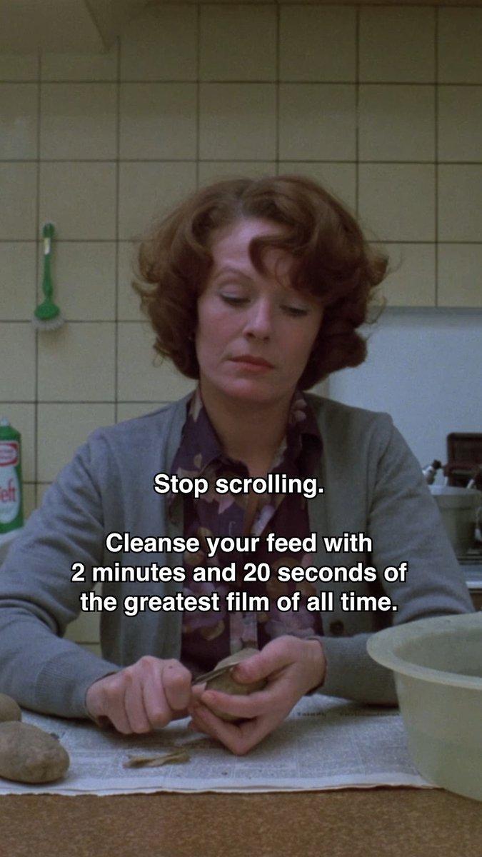 Stop your scrolling for 2 minutes and 20 seconds with Chantal Akerman's Jeanne Dielman, 23, quai du Commerce, 1080 Bruxelles, voted the greatest film of all time in Sight and Sound's 2022 Poll. Available to watch on BFI Player #ChantalAkerman