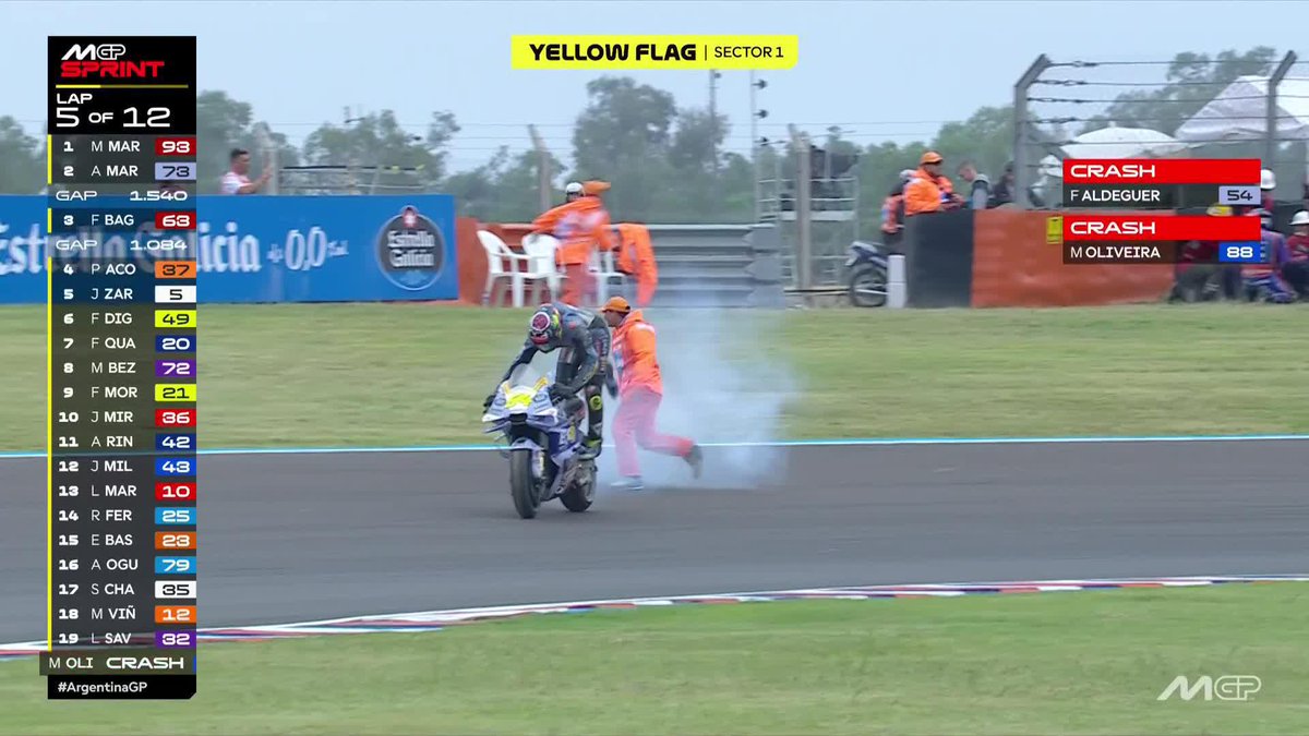 Oliveira's out ❌ Fermín Aldeguer Mengual rejoins with smoke coming out of his bike after the crash💨 #ArgentinaGP 🇦🇷