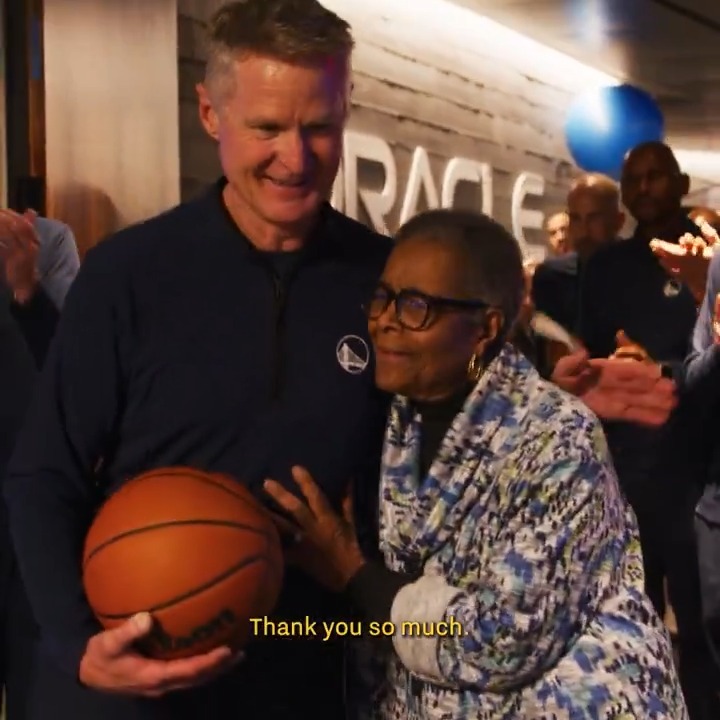 A special moment for a special milestone. Wilhelmina Attles presented Coach Steve Kerr with the game ball after becoming the winningest coach in Warriors history.