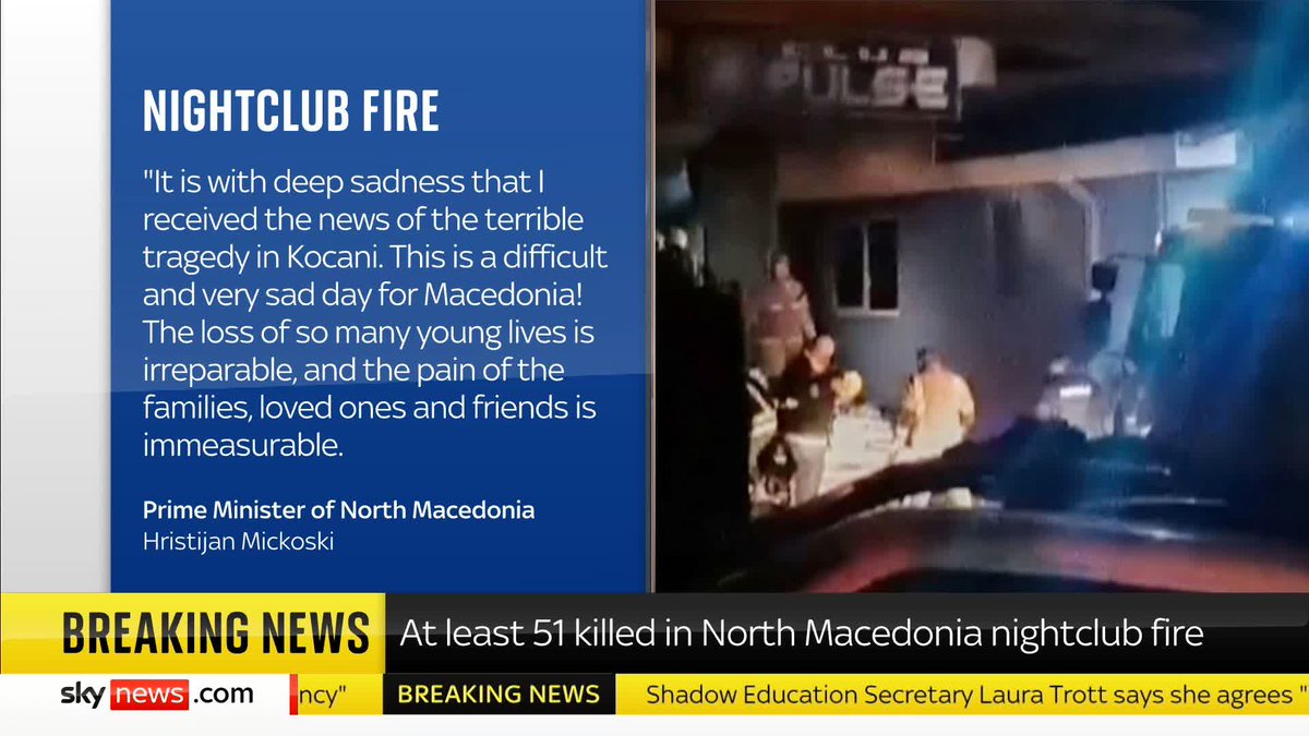 BREAKING: At least 51 people are reported to have died in a fire at a nightclub in North Macedonia. Sky's Alice Porter reports with more on this story. ➡️ 📺 Sky 501, Virgin 602, Freeview 233 and YouTube