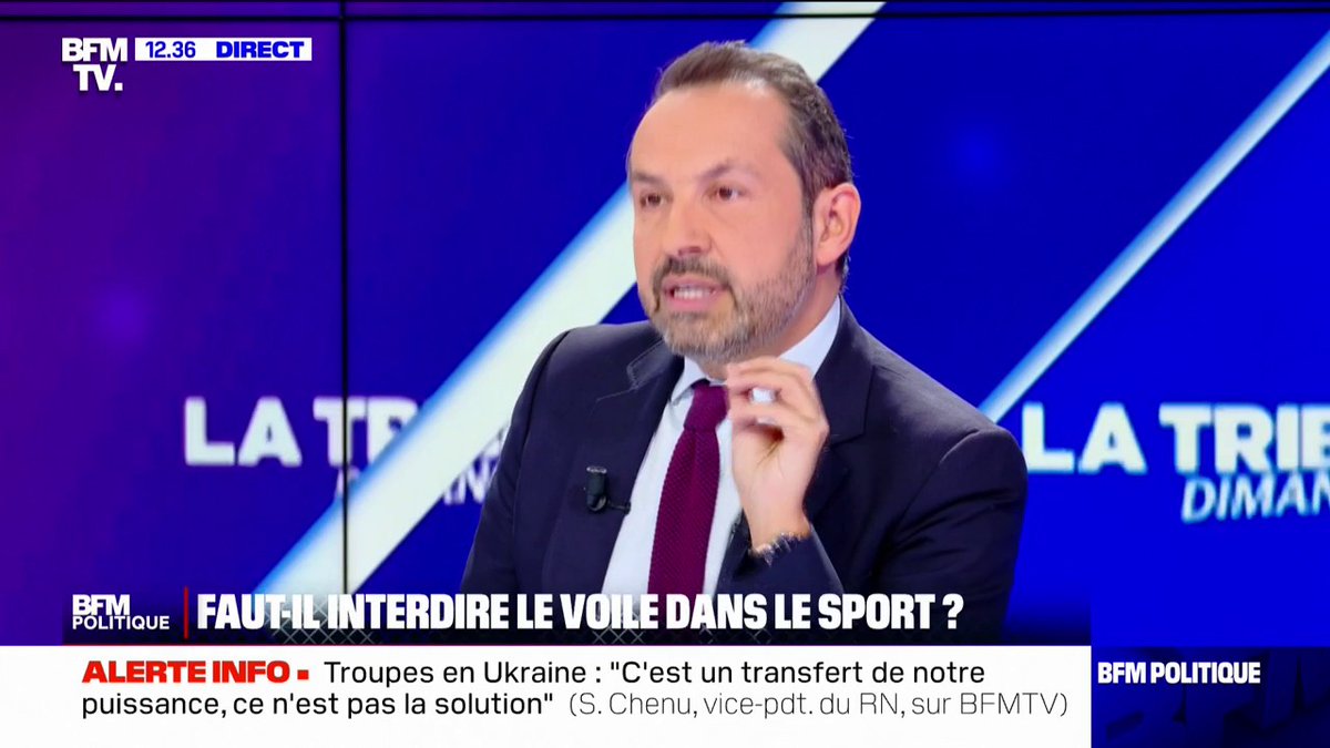 🇫🇷🧕 FLASH | "Le voile n’a rien à faire dans le sport. C’est un outil, un drapeau de l’islam radical. D’abord, quand on est voilé pour jouer, c’est compliqué sincèrement", a déclaré le vice-président du RN, Sébastien Chenu.