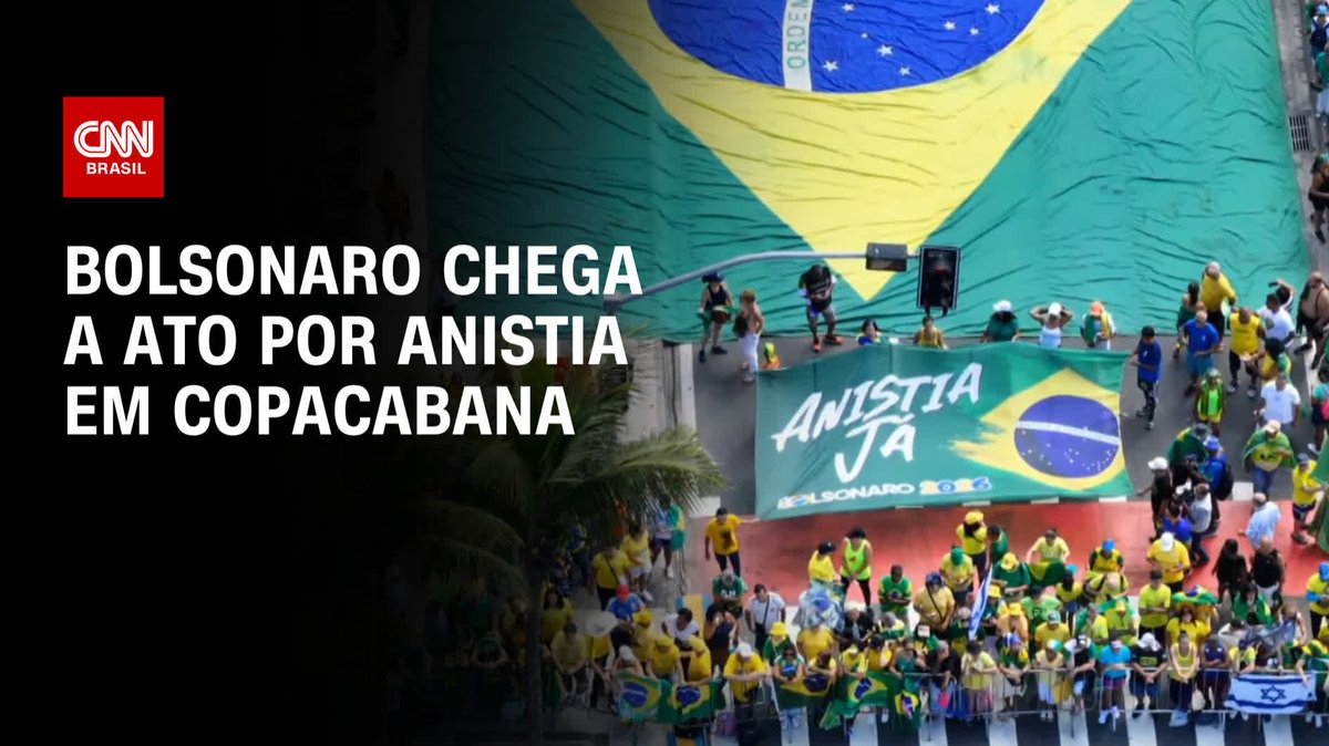 O ex-presidente Jair Bolsonaro (PL) chegou à orla da praia de Copacabana, no Rio de Janeiro, neste domingo (15), para participar do ato em defesa da anistia para envolvidos no 8 de janeiro. #CNNBrasil