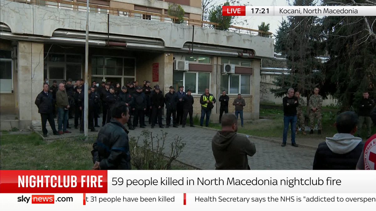 A nightclub fire killed at least 59 people in North Macedonia, with 155 others injured. The fire erupted while local band DNK was performing. Police and security forces have blocked the entrance to the hospital in Kocani, where loved ones have gathered outside. ⬇️