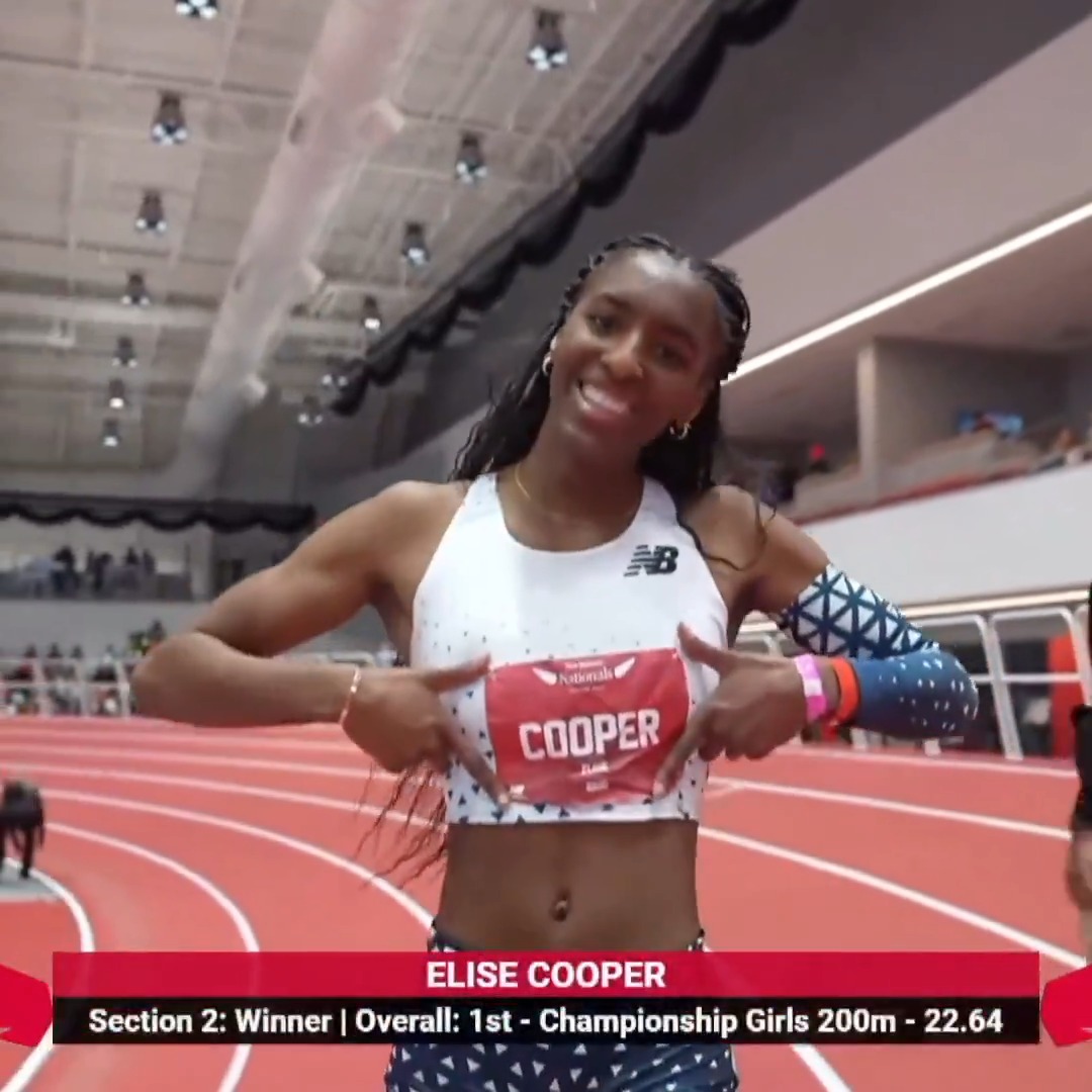 Texas signee Elise Cooper running the second-fastest indoor 200m (22.64) in high school history to win the New Balance Nationals final! Moves ahead of Sydney McLaughlin to 6th in U20 WORLD HISTORY.