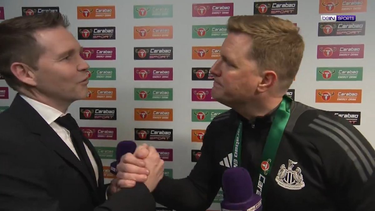 🗣️ "I encouraged the players to celebrate and enjoy the moment, because this comes round very rarely in football!" 🏆 Eddie Howe's reaction as Newcastle win their first domestic trophy since the 1955 FA Cup! 🎙️ Andy Kerr #CarabaoCupFinal #NUFC