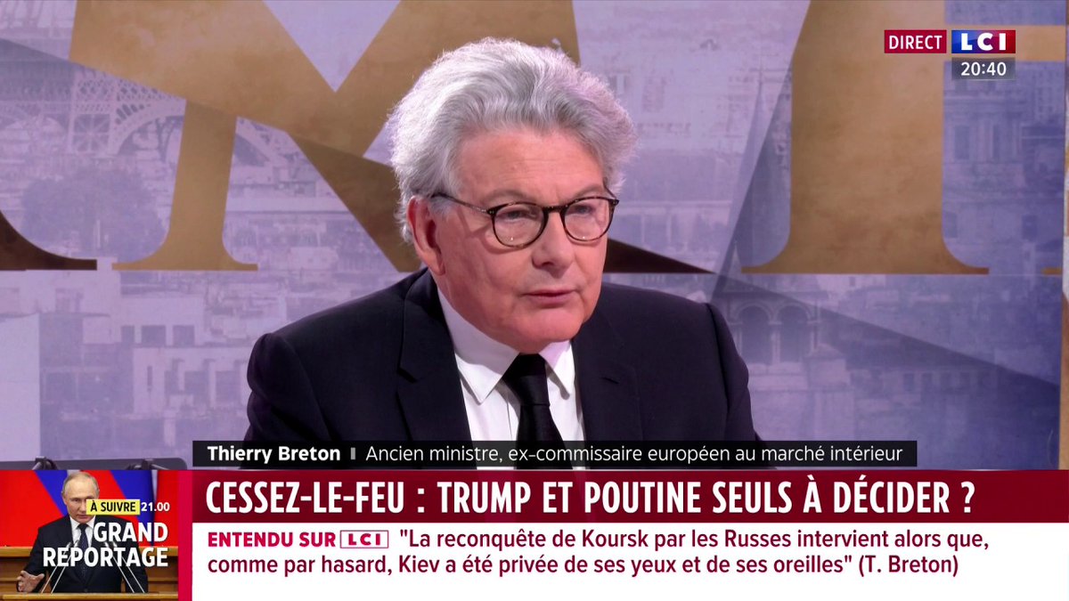 🗣️ "Ce n'est pas l'Europe ni la France qui sont des va-t-en-guerre, c'est Vladimir Poutine qui a un projet : il veut retrouver à tout le moins les frontières du grand empire soviétique" rappelle Thierry Breton ▶️ ✦ Margot Haddad ✦