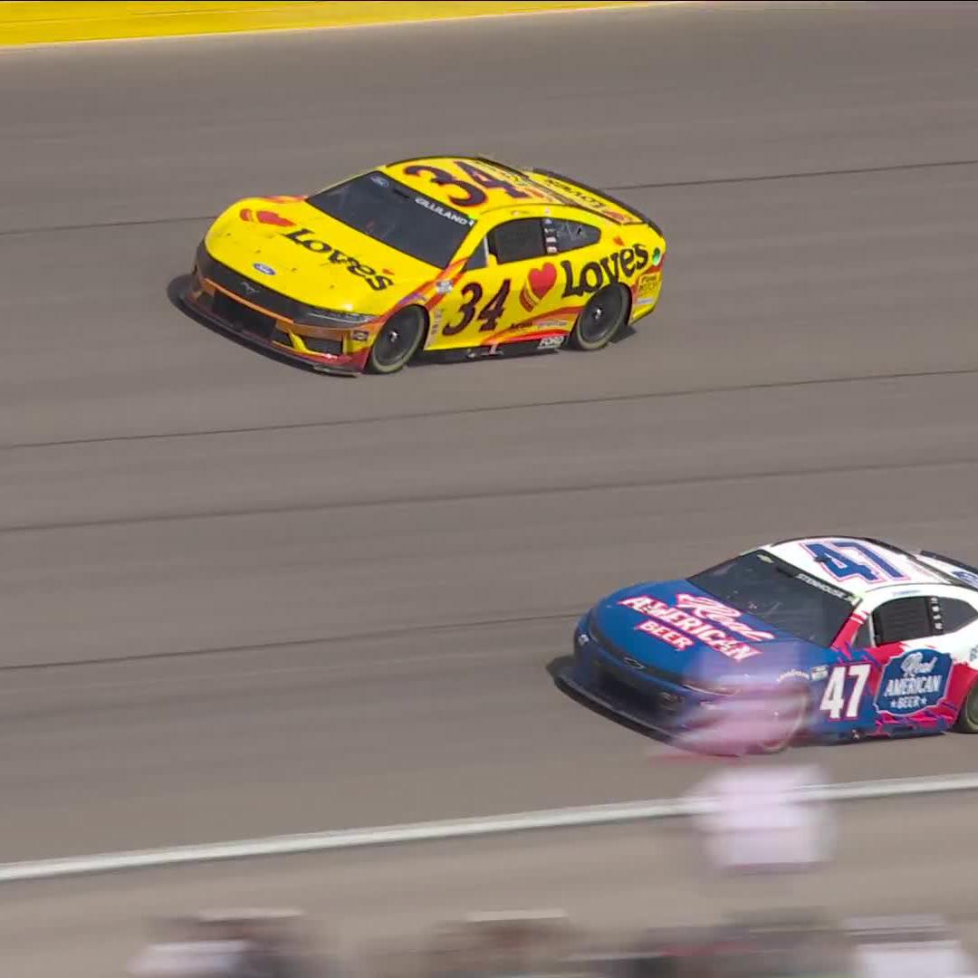 .Todd Gilliland gets into the wall coming out of Turn 4 to bring out the yellow on Lap 147.