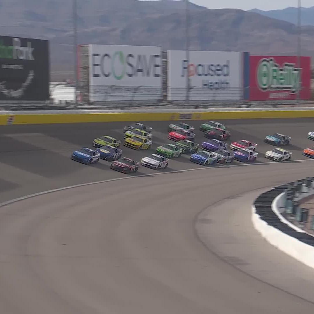 Big trouble on the backstretch! Ryan Blaney is among those collected.