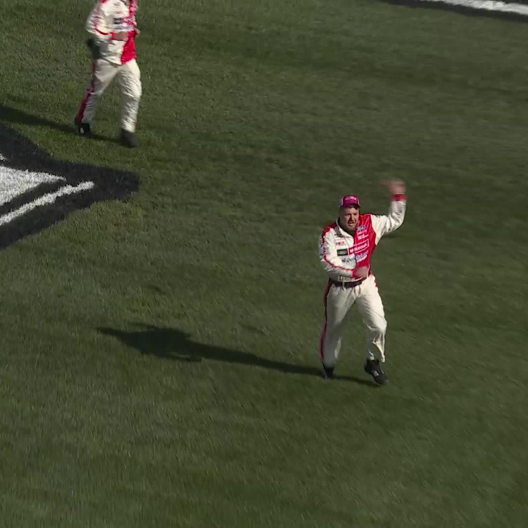 An old-school celebration for an old-school racer.