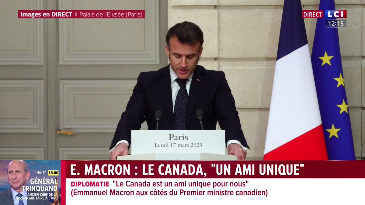 🗣️ "Vous avez choisi la France pour votre première à l'étranger, c'est un immense honneur et ça montre aussi l'importance de tous les défis en commun que nous avons" : Emmanuel Macron au nouveau Premier ministre canadien, Mark Carney.