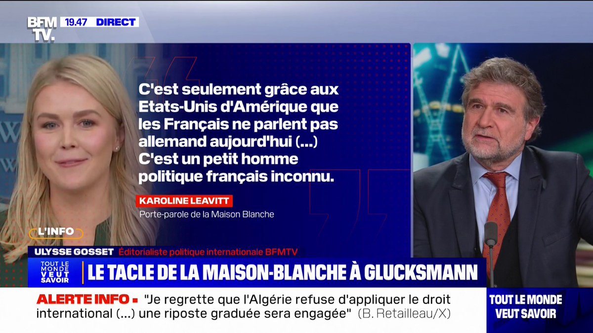 💬"C'est seulement grâce aux États-Unis que les Français ne parlent pas allemand aujourd'hui" ➡Le tacle de la porte-parole de la Maison Blanche à Raphaël Glucksmann, qui demandait aux Américains de rendre la statue de la Liberté