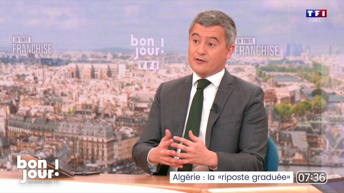 Tensions avec l'Algérie : "Ce n'est pas une humiliation (...) L'Algérie doit entendre la volonté de la France (...) Je suis tout à fait favorable à la riposte graduée (..) Il faut rappeler notre ambassadeur et mettre fin aux visas diplomatiques", Gérald DARMANIN #BonjourLaMatinaleTF1