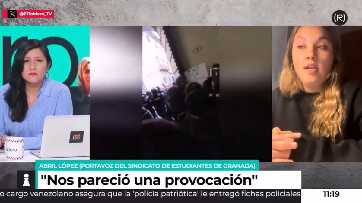 "Macarena Olona nos ve y se abalanza directamente contra nosotros, provocando la carga de la policía, que era lo que ella buscaba" Abril López, de Sindicato de Estudiantes 🇵🇸, sobre lo sucedido ayer en la Universidad de Granada 👇🏽 📺 EL TABLERO |