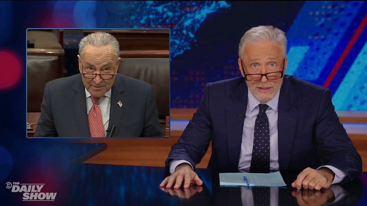 .Jon Stewart whips out his glasses to explain Dems' approval ratings to Chuck Schumer
