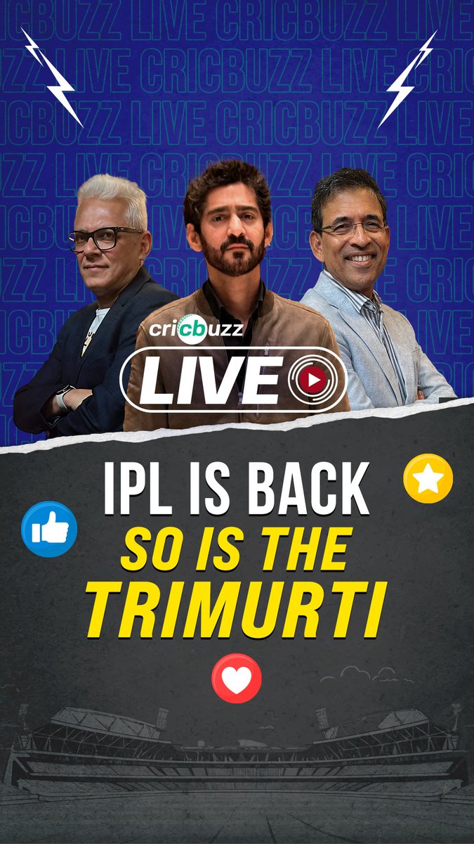 THE IPL IS BACK 🔥 So is the TRIMURTI 💫 Join Harsha Bhogle, Joy Bhattacharjya &amp; Gaurav Kapur, on Cricbuzz Live