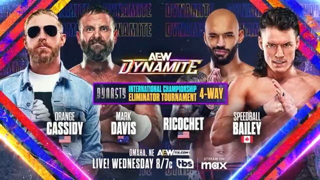 TOMORROW! #AEWDynamite Omaha, NE LIVE at 8ET / 7CT on TBS Network + @SportsOnMax Orange Cassidy vs dunkzilla - マーク・デイビス vs Lightskin Kingpin vs Speedball Mike Bailey Which competitor will punch their ticket to face Kenny Omega for the AEW International Title at #AEWDynasty?