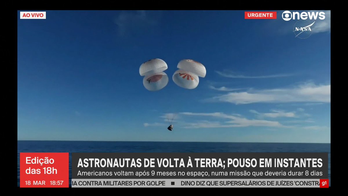 A cápsula com os astronautas da Nasa chegou na atmosfera da Terra, depois de eles terem ficado nove meses no espaço, e o pouso foi no mar da Flórida, nos Estados Unidos. Veja as imagens. ➡ Assista ao #Edição18: #GloboNews