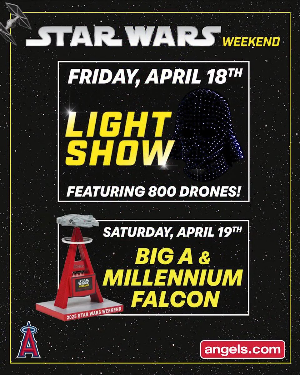 Angels Star Wars Weekend is not so far, far away! 🌌 Join us at Angel Stadium in one month and enjoy a Postgame Light Show, featuring 800 drones, on Friday, April 18 & a collectible Big A & Millennium Falcon giveaway on Saturday, April 19. Visit for info.