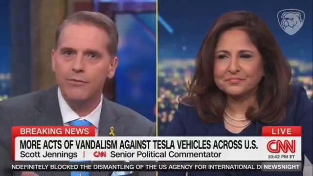 I'm sure that Neera Tanden thought her bothsidesing the Tesla terror attacks with J6 was a cute take until Scott Jennings tore the bark off of her. Rattled her so hard she dropped her coffee mug