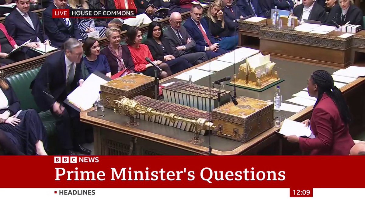 Kemi Badenoch repeats her question on whether the PM will exempt hospices from a "jobs tax" Keir Starmer says the Tories left a £22bn black hole, and says Badenoch should start the next question with an apology #PMQs
