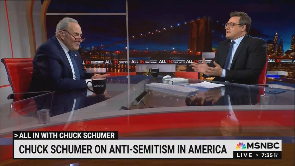 "What does that even mean?!" MSNBC's Chris Hayes scoffs at Chuck Schumer's outrage at Hamas putting their weapons under schools and hospitals. Hayes seems to argue Hamas has no place else to put them: "The size of Gaza is less than - it's basically Manhattan and it's got 2 million people in it."